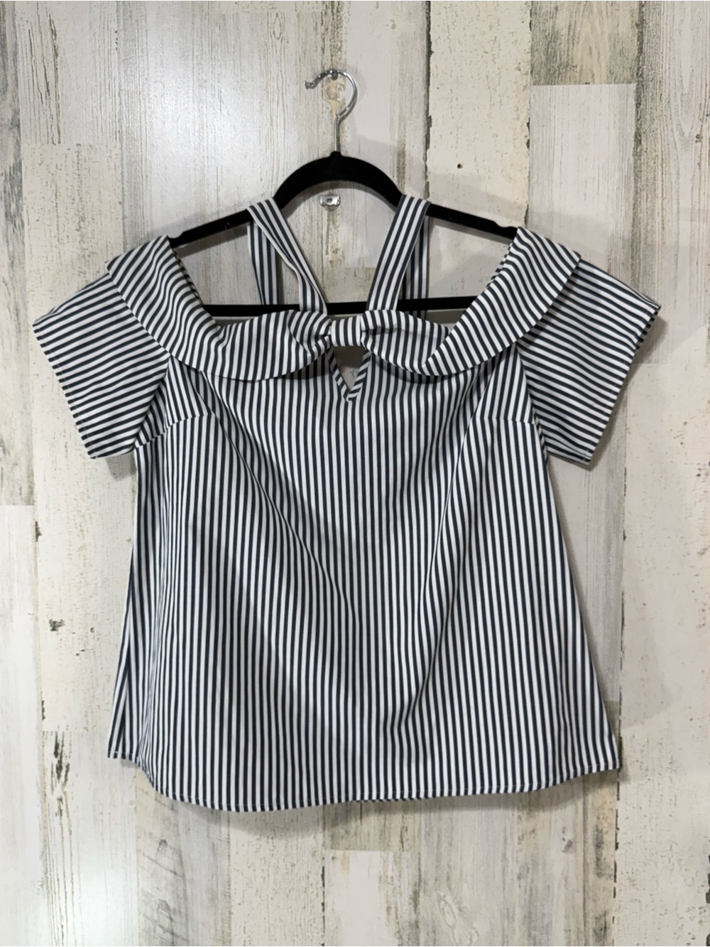 I.N. San Francisco Gray and White Striped Off-Shoulder Top Bow